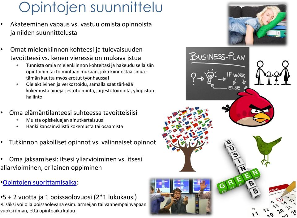 Ole aktiivinen ja verkostoidu, samalla saat tärkeää kokemusta ainejärjestötoiminta, järjestötoiminta, yliopiston hallinto Oma elämäntilanteesi suhteessa tavoitteisiisi Muista opiskeluajan