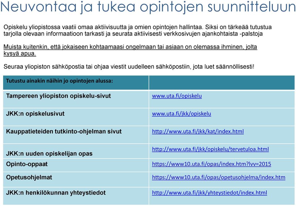 olemassa ihminen, jolta kysyä apua. Seuraa yliopiston sähköpostia tai ohjaa viestit uudelleen sähköpostiin, jota luet säännöllisesti!