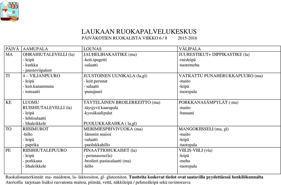 perunat - salaatti -punajuuri JUURESKUT+ DIPPIKAS (la) -ruisleipä -tuoremehu VATKATTU PUNAHERUKKAPUURO (ma) RUISHIUTALEVELLI (la) - lehtisalaatti RIISIMUROT