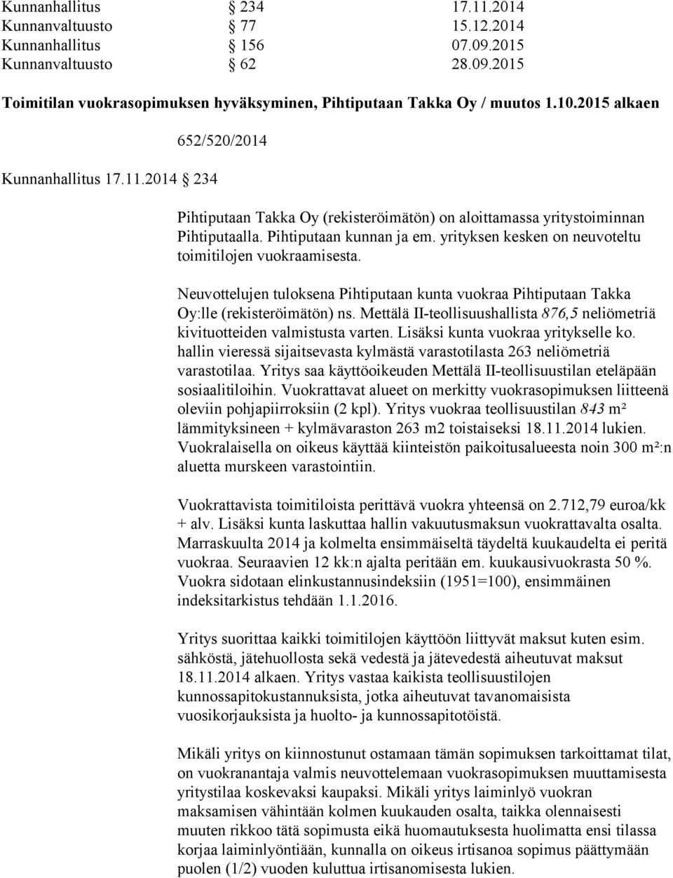 yrityksen kesken on neuvoteltu toimitilojen vuokraamisesta. Neuvottelujen tuloksena Pihtiputaan kunta vuokraa Pihtiputaan Takka Oy:lle (rekisteröimätön) ns.