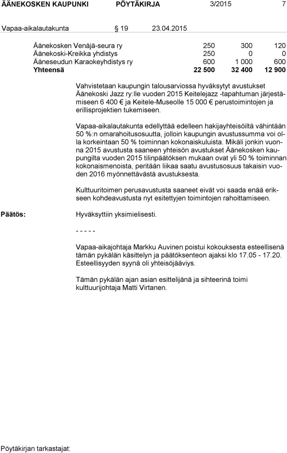 hyväksytyt avustukset Äänekoski Jazz ry:lle vuoden 2015 Keitelejazz -tapahtuman jär jes tämi seen 6 400 ja Keitele-Museolle 15 000 perustoimintojen ja erillisprojektien tukemiseen.