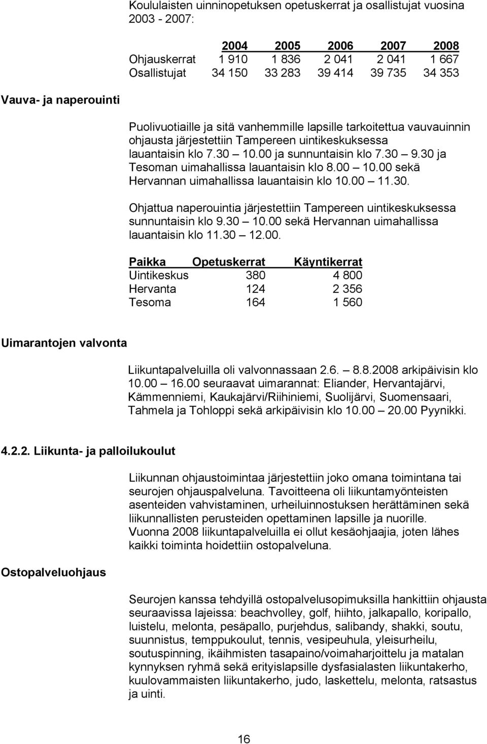 30 ja Tesoman uimahallissa lauantaisin klo 8.00 10.00 sekä Hervannan uimahallissa lauantaisin klo 10.00 11.30. Ohjattua naperouintia järjestettiin Tampereen uintikeskuksessa sunnuntaisin klo 9.30 10.