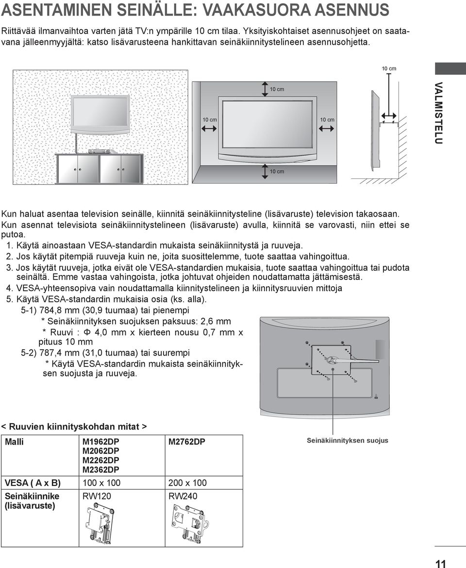 0 cm 0 cm 0 cm 0 cm VALMISTELU 0 cm Kun haluat asentaa television seinälle, kiinnitä seinäkiinnitysteline (lisävaruste) television takaosaan.