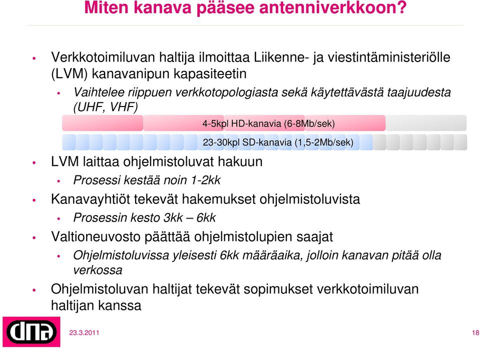 taajuudesta (UHF, VHF) 4-5kpl HD-kanavia (6-8Mb/sek) 23-30kpl 30k SD-kanavia (1,5-2Mb/sek) LVM laittaa ohjelmistoluvat hakuun Prosessi kestää noin 1-2kk