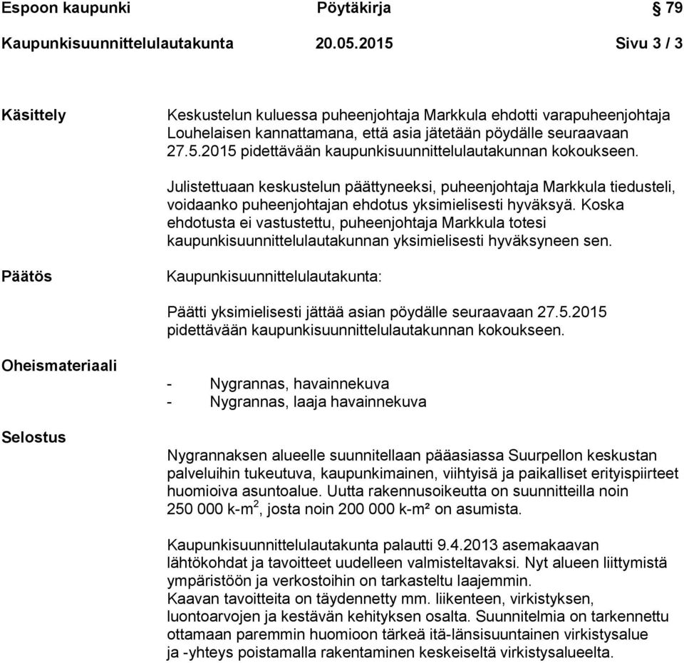 Koska ehdotusta ei vastustettu, puheenjohtaja Markkula totesi kaupunkisuunnittelulautakunnan yksimielisesti hyväksyneen sen.