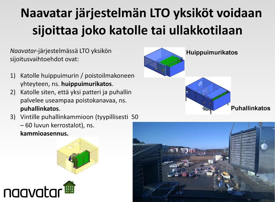 huippuimurikatos. 2) Katolle siten, että yksi patteri ja puhallin palvelee useampaa poistokanavaa, ns.