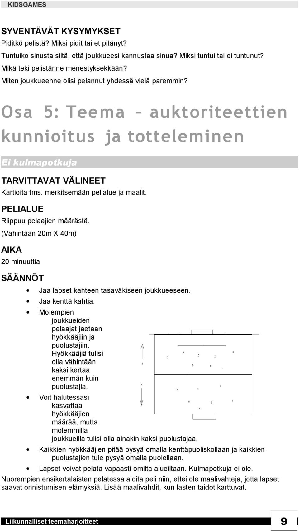 PELIALUE Riippuu pelaajien määrästä. (Vähintään 20m X 40m) 20 minuuttia Jaa lapset kahteen tasaväkiseen joukkueeseen. Jaa kenttä kahtia.