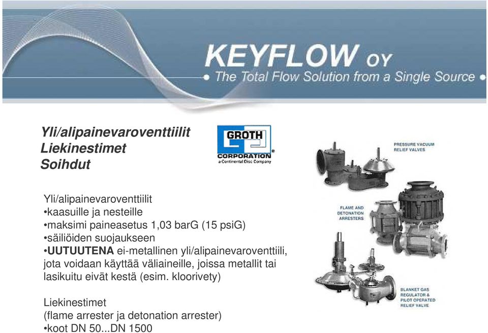 ei-metallinen yli/alipainevaroventtiili, jota voidaan käyttää väliaineille, joissa metallit tai