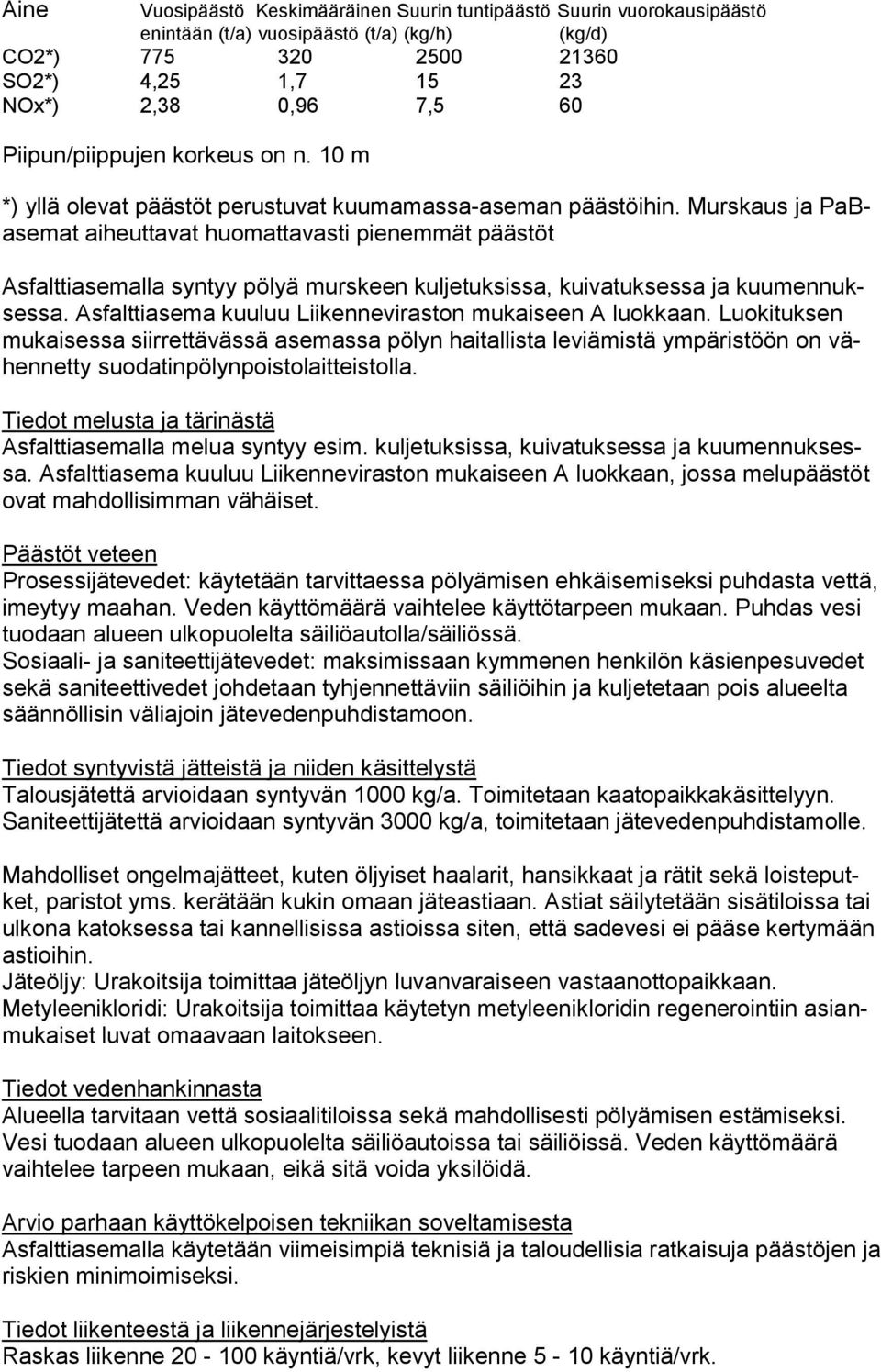 Murskaus ja PaBasemat aiheuttavat huomattavasti pienemmät päästöt Asfalttiasemalla syntyy pölyä murskeen kuljetuksissa, kuivatuksessa ja kuumennuksessa.