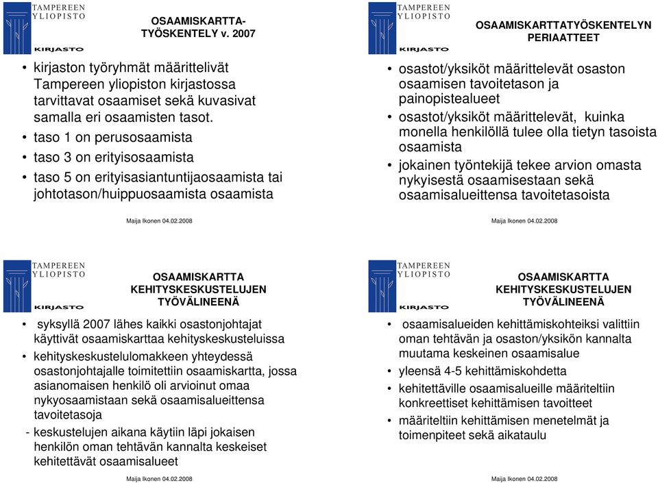 tavoitetason ja painopistealueet osastot/yksiköt määrittelevät, kuinka monella henkilöllä tulee olla tietyn tasoista osaamista jokainen työntekijä tekee arvion omasta nykyisestä osaamisestaan sekä