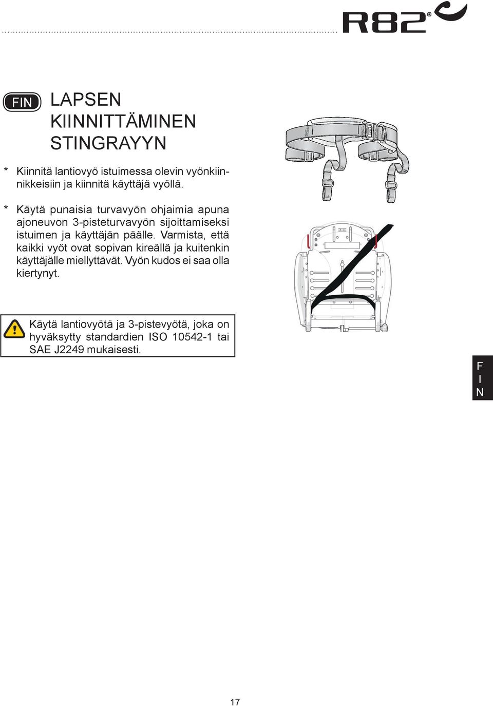päälle. Varmista, että kaikki vyöt ovat sopivan kireällä ja kuitenkin käyttäjälle miellyttävät.