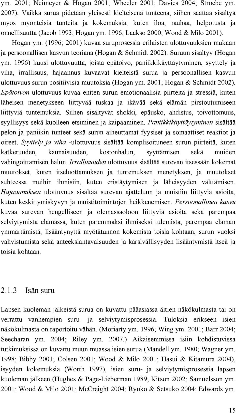 1996; Laakso 2000; Wood & Milo 2001). Hogan ym. (1996; 2001) kuvaa suruprosessia erilaisten ulottuvuuksien mukaan ja persoonallisen kasvun teoriana (Hogan & Schmidt 2002). Suruun sisältyy (Hogan ym.