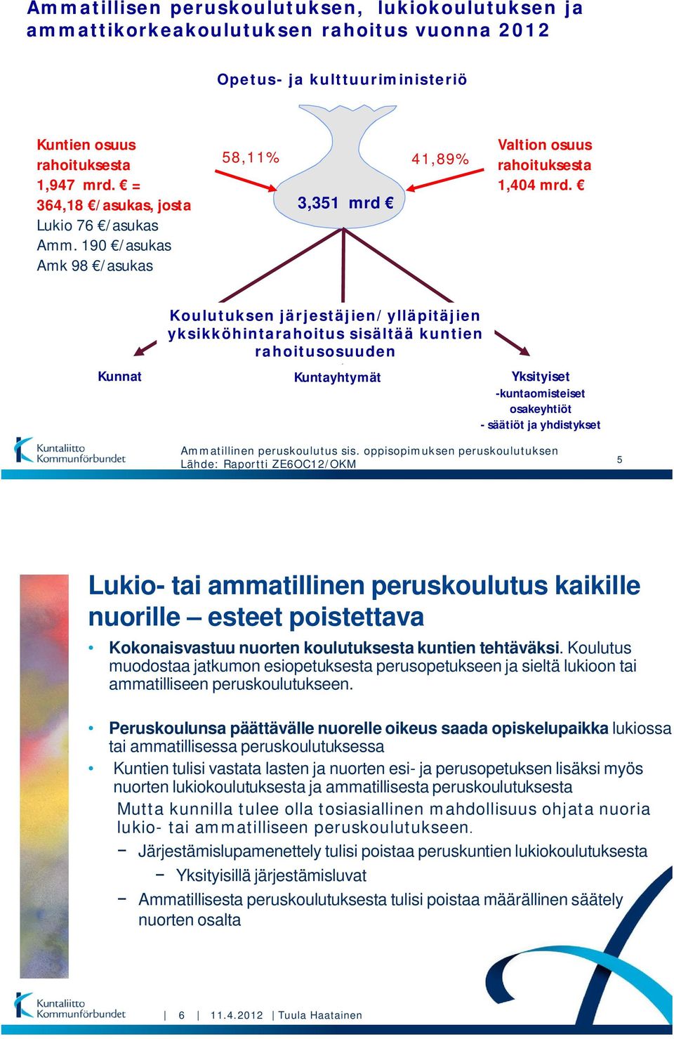 Koulutuksen järjestäjien/ylläpitäjien yksikköhintarahoitus sisältää kuntien rahoitusosuuden Kunnat Kuntayhtymät Yksityiset -kuntaomisteiset osakeyhtiöt - säätiöt ja yhdistykset Ammatillinen