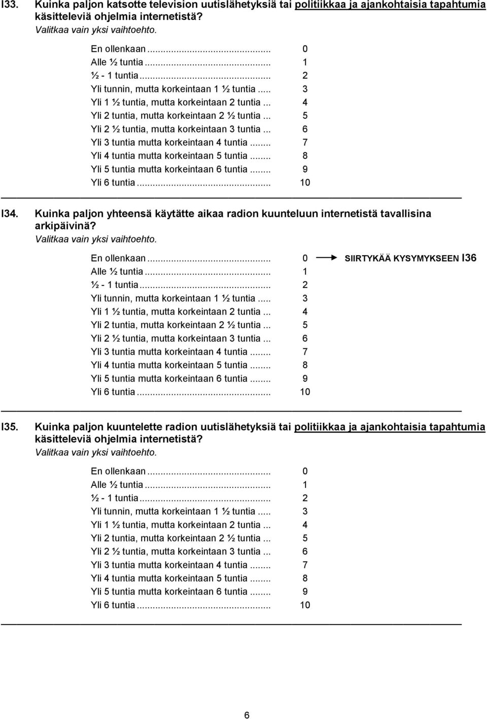 .. Yli tuntia mutta korkeintaan tuntia... Yli tuntia mutta korkeintaan tuntia... Yli tuntia... I. Kuinka paljon yhteensä käytätte aikaa radion kuunteluun internetistä tavallisina arkipäivinä?