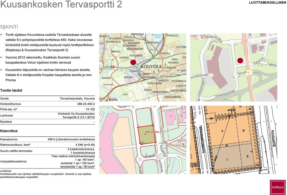 Kouvola Kiinteistötunnus 286-23-450-2 Pinta-ala, m² 10 102 Lainhuuto Kiinteistö Oy Kuusankosken Tervaportti 2 (15.1.2015) Rakennusoikeus, kem² Suurin sallittu kerrosluku KM-4 (Liikerakennusten 4 546 (e=0.