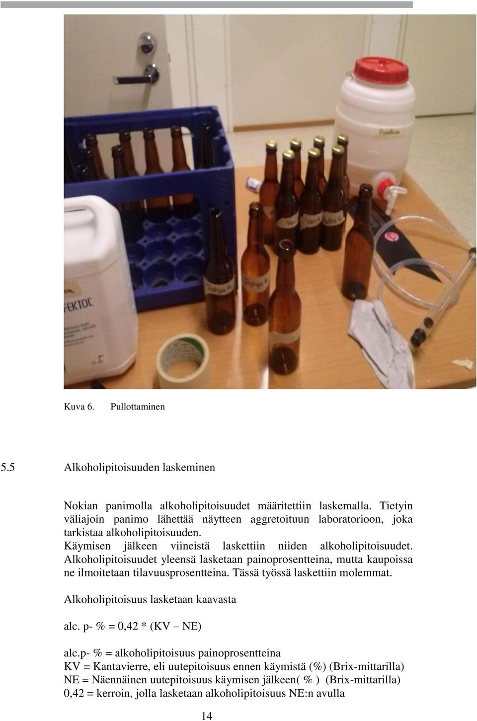Alkoholipitoisuudet yleensä lasketaan painoprosentteina, mutta kaupoissa ne ilmoitetaan tilavuusprosentteina. Tässä työssä laskettiin molemmat. Alkoholipitoisuus lasketaan kaavasta alc.
