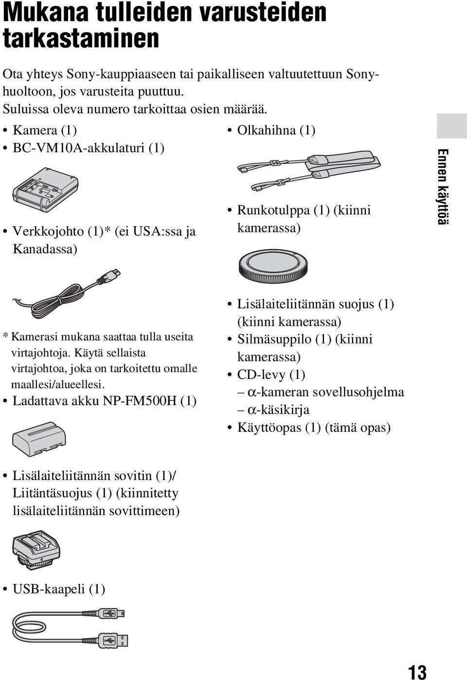 Kamera (1) Olkahihna(1) BC-VM10A-akkulaturi (1) Verkkojohto (1)* (ei USA:ssa ja Kanadassa) Runkotulppa (1) (kiinni kamerassa) Ennen käyttöä * Kamerasi mukana saattaa tulla useita virtajohtoja.