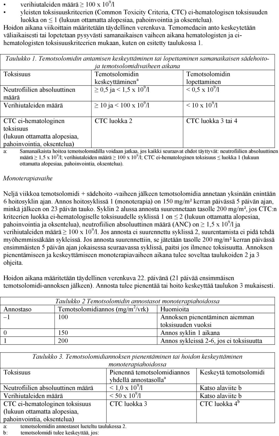 Temomedacin anto keskeytetään väliaikaisesti tai lopetetaan pysyvästi samanaikaisen vaiheen aikana hematologisten ja eihematologisten toksisuuskriteerien mukaan, kuten on esitetty taulukossa 1.