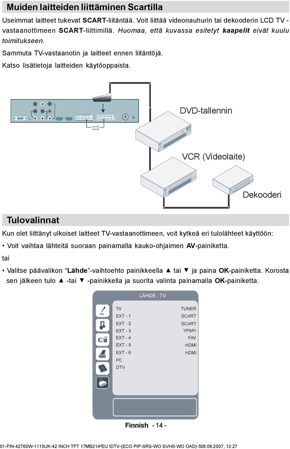 DVD-tallennin SCART sockets VCR (Videolaite) Dekooderi Tulovalinnat Kun olet liittänyt ulkoiset laitteet TV-vastaanottimeen, voit kytkeä eri tulolähteet käyttöön: Voit vaihtaa lähteitä suoraan