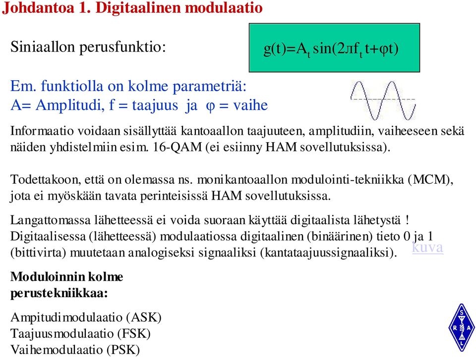 16-QAM (ei esiinny HAM sovellutuksissa). Todettakoon, että on olemassa ns. monikantoaallon modulointi-tekniikka (MCM), jota ei myöskään tavata perinteisissä HAM sovellutuksissa.