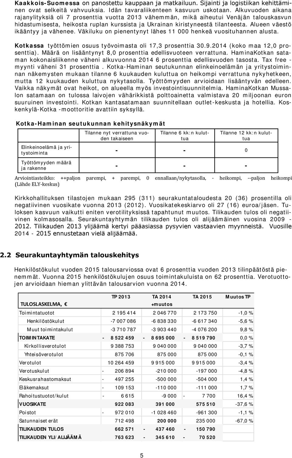 Alueen väestö ikääntyy ja vähenee. Väkiluku on pienentynyt lähes 11 000 henkeä vuosituhannen alusta. Kotkassa työttömien osuus työvoimasta oli 17,3 prosenttia 30.9.2014 (koko maa 12,0 prosenttia).