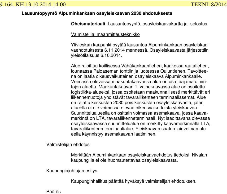 mennessä. Osayleiskaavasta järjestettiin yleisötilaisuus 6.10.2014. Alue rajoittuu koillisessa Vähäkankaantiehen, kaakossa rautatiehen, lounaassa Paloaseman tonttiin ja luoteessa Ouluntiehen.