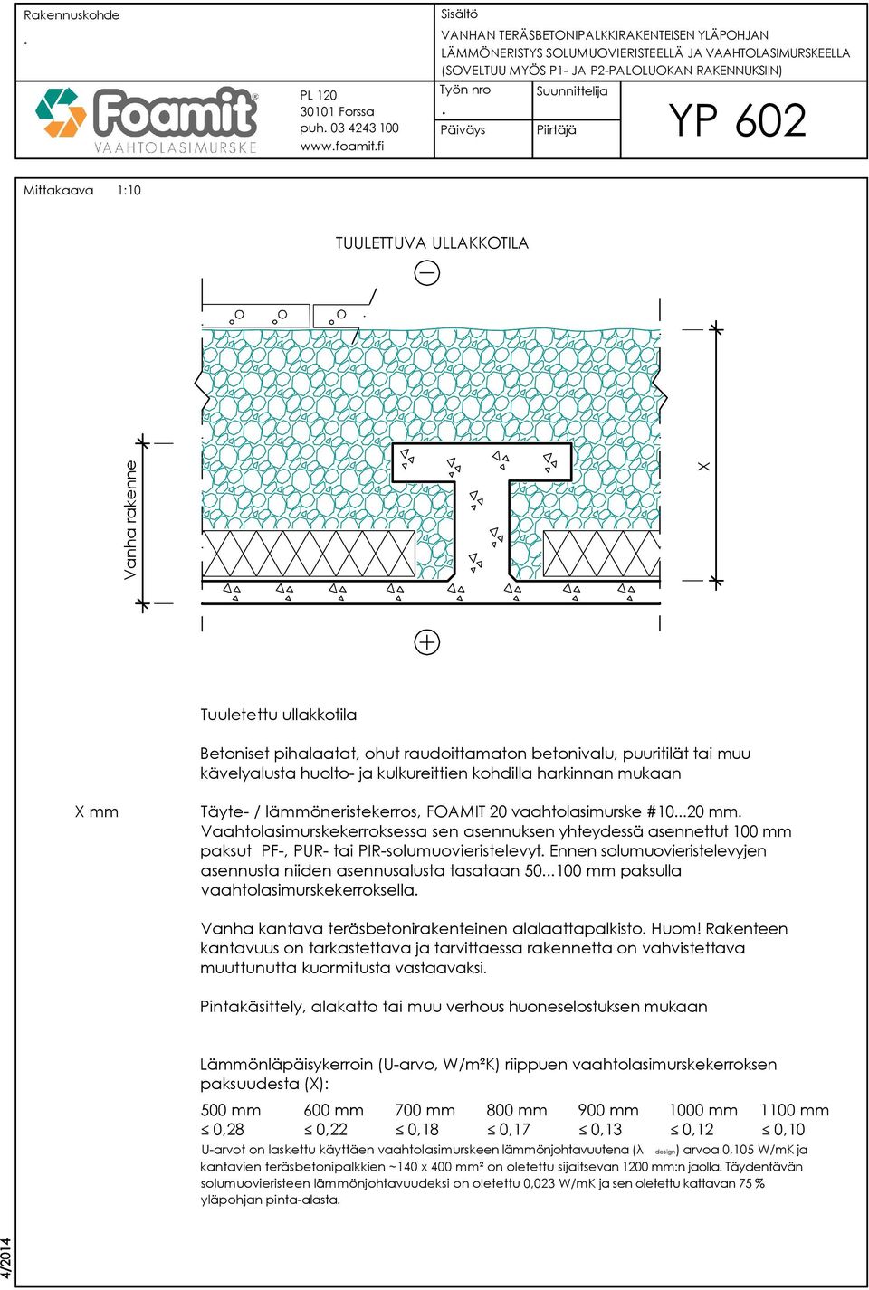 lämmöneristekerros, FOAMIT 20 vaahtolasimurske #1020 mm Vaahtolasimurskekerroksessa sen asennuksen yhteydessä asennettut 100 mm paksut PF-, PUR- tai PIR-solumuovieristelevyt Ennen