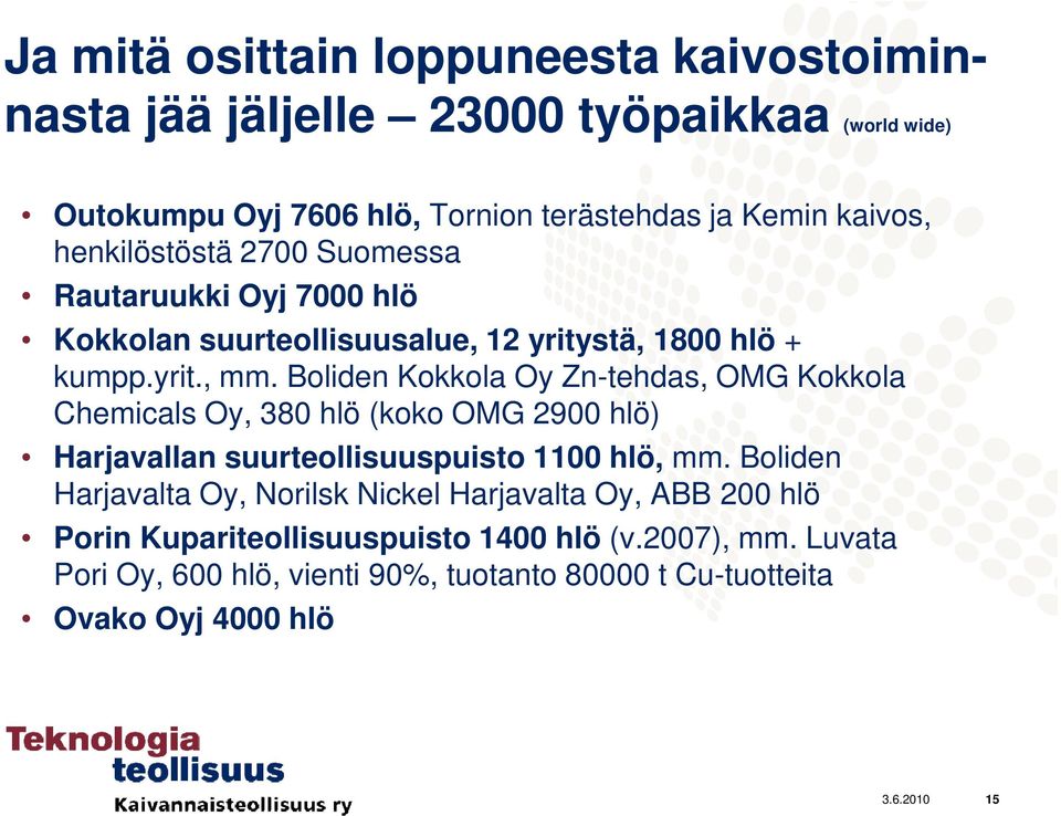 Boliden Kokkola Oy Zn-tehdas, OMG Kokkola Chemicals Oy, 380 hlö (koko OMG 2900 hlö) Harjavallan suurteollisuuspuisto 1100 hlö, mm.