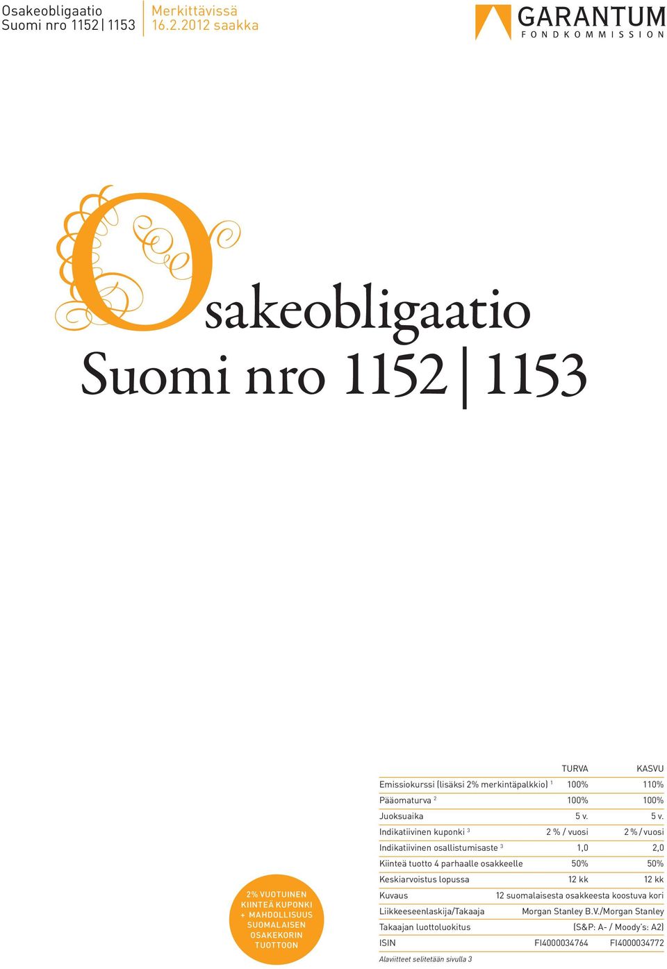 2012 saakka sakeobligaatio Suomi nro 1152 1153 2% VUOTUINEN KIINTEÄ KUPONKI + MAHDOLLISUUS SUOMALAISEN OSAKEKORIN TUOTTOON TURVA KASVU Emissiokurssi (lisäksi 2%