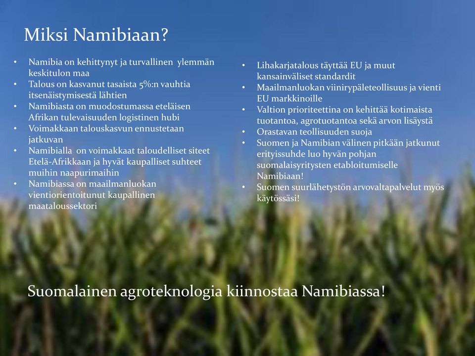 hubi Voimakkaan talouskasvun ennustetaan jatkuvan Namibialla on voimakkaat taloudelliset siteet Etelä-Afrikkaan ja hyvät kaupalliset suhteet muihin naapurimaihin Namibiassa on maailmanluokan