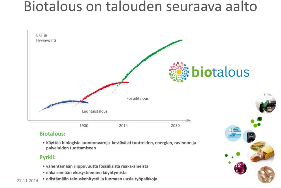 ravinnon ja palveluiden tuottamiseen Pyrkii: vähentämään riippuvuutta fossiilisista