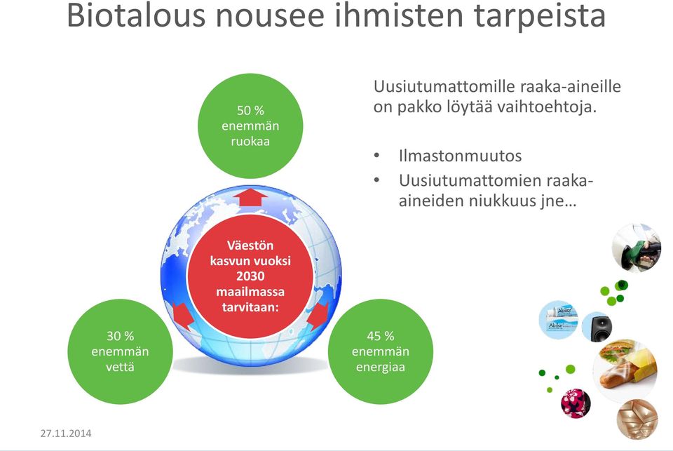 Ilmastonmuutos Uusiutumattomien raakaaineiden niukkuus jne Väestön