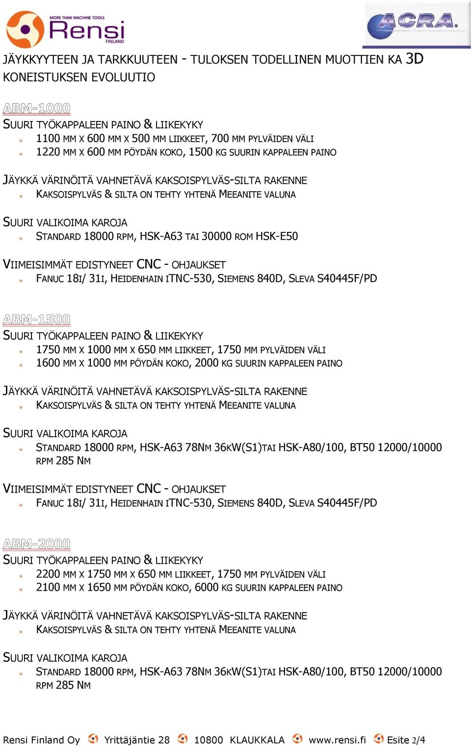 HSK-A63 TAI 30000 ROM HSK-E50 VIIMEISIMMÄT EDISTYNEET CNC - OHJAUKSET FANUC 18I/ 31I, HEIDENHAIN ITNC-530, SIEMENS 840D, SLEVA S40445F/PD SUURI TYÖKAPPALEEN PAINO & LIIKEKYKY 1750 MM X 1000 MM X 650