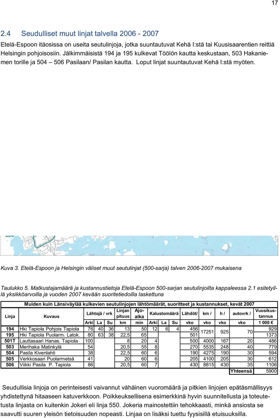 Etelä-Espoon ja Helsingin väliset muut seutulinjat (500-sarja) talven 2006-2007 mukaisena Taulukko 5. Matkustajamäärä ja kustannustietoja Etelä-Espoon 500-sarjan seutulinjoilta kappaleessa 2.