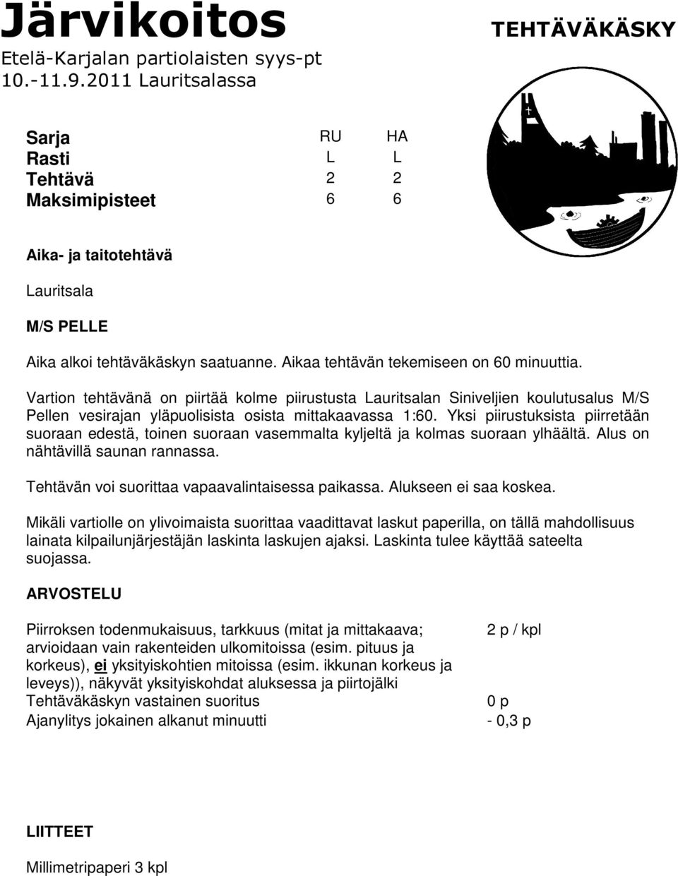 Aikaa tehtävän tekemiseen on 60 minuuttia. Vartion tehtävänä on piirtää kolme piirustusta Lauritsalan Siniveljien koulutusalus M/S Pellen vesirajan yläpuolisista osista mittakaavassa 1:60.