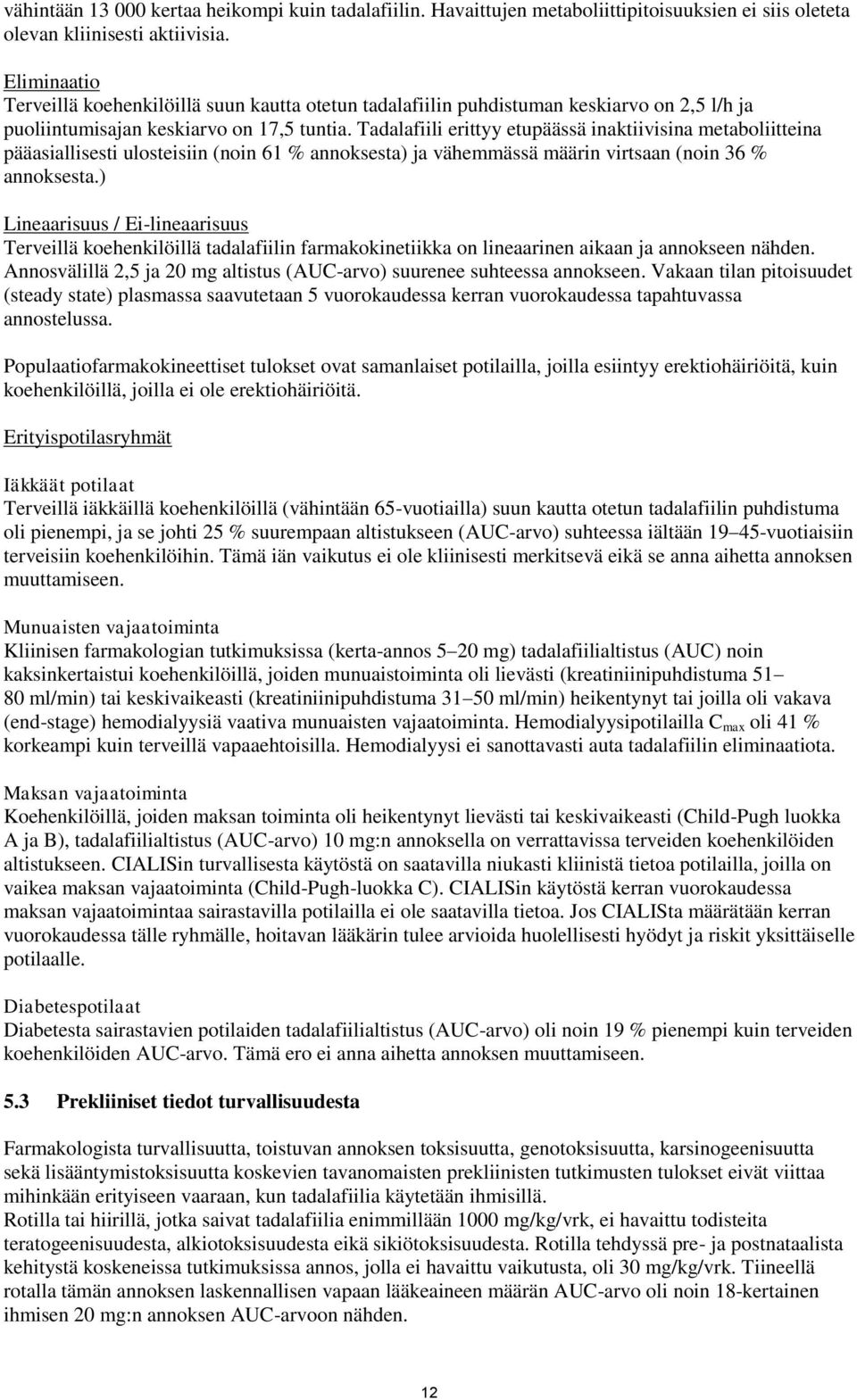 Tadalafiili erittyy etupäässä inaktiivisina metaboliitteina pääasiallisesti ulosteisiin (noin 61 % annoksesta) ja vähemmässä määrin virtsaan (noin 36 % annoksesta.