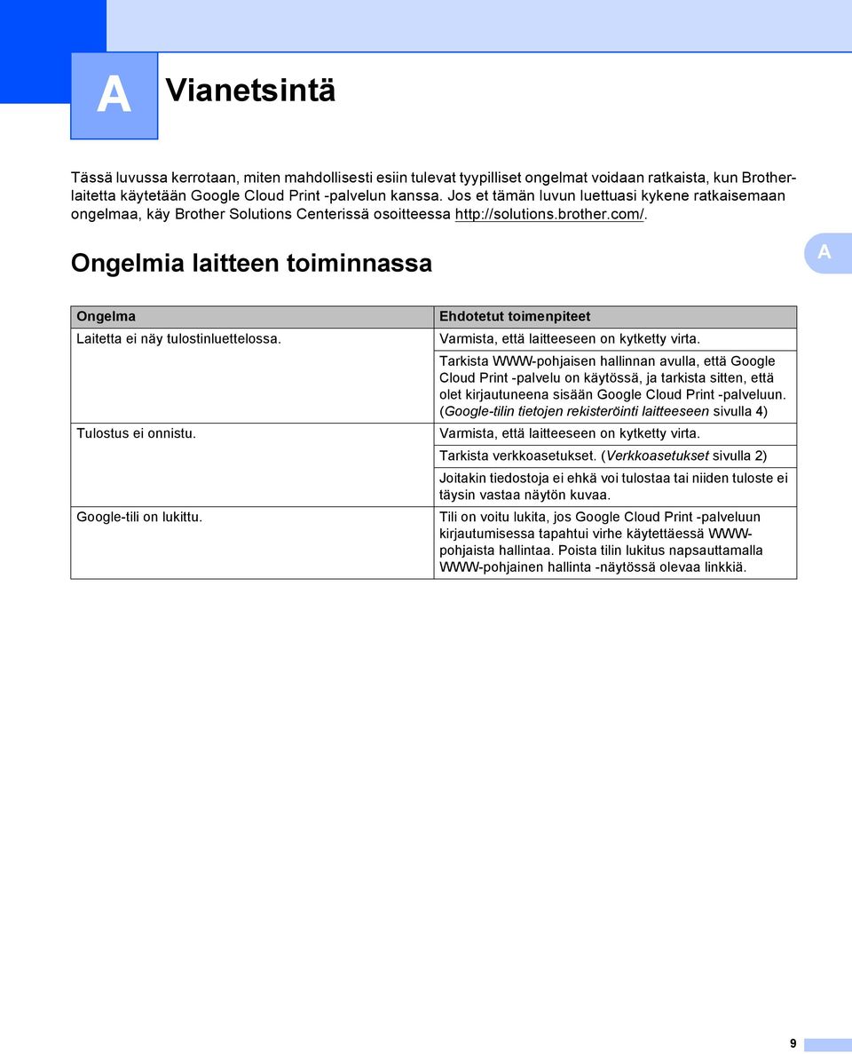 Ongelmia laitteen toiminnassa A A Ongelma Laitetta ei näy tulostinluettelossa. Tulostus ei onnistu. Google-tili on lukittu. Ehdotetut toimenpiteet Varmista, että laitteeseen on kytketty virta.