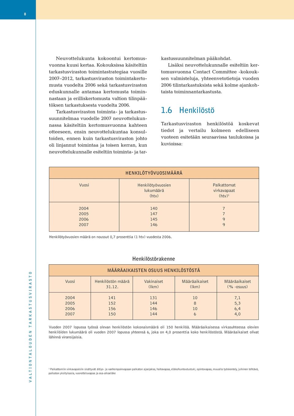 toiminnastaan ja erilliskertomusta valtion tilinpäätöksen tarkastuksesta vuodelta 2006.