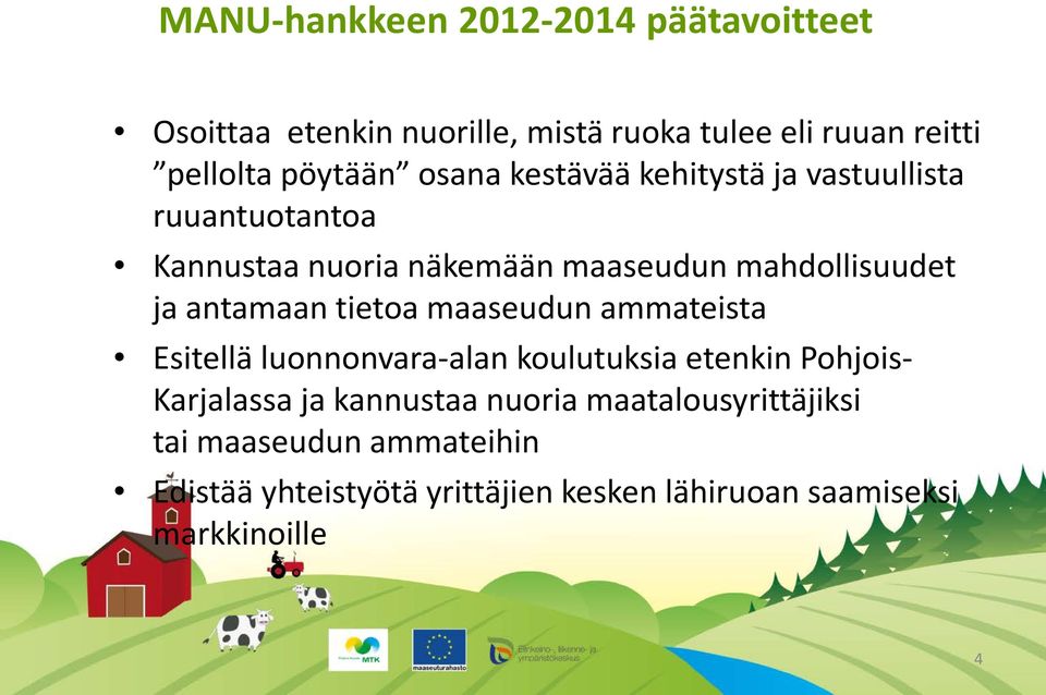 antamaan tietoa maaseudun ammateista Esitellä luonnonvara-alan koulutuksia etenkin Pohjois- Karjalassa ja kannustaa