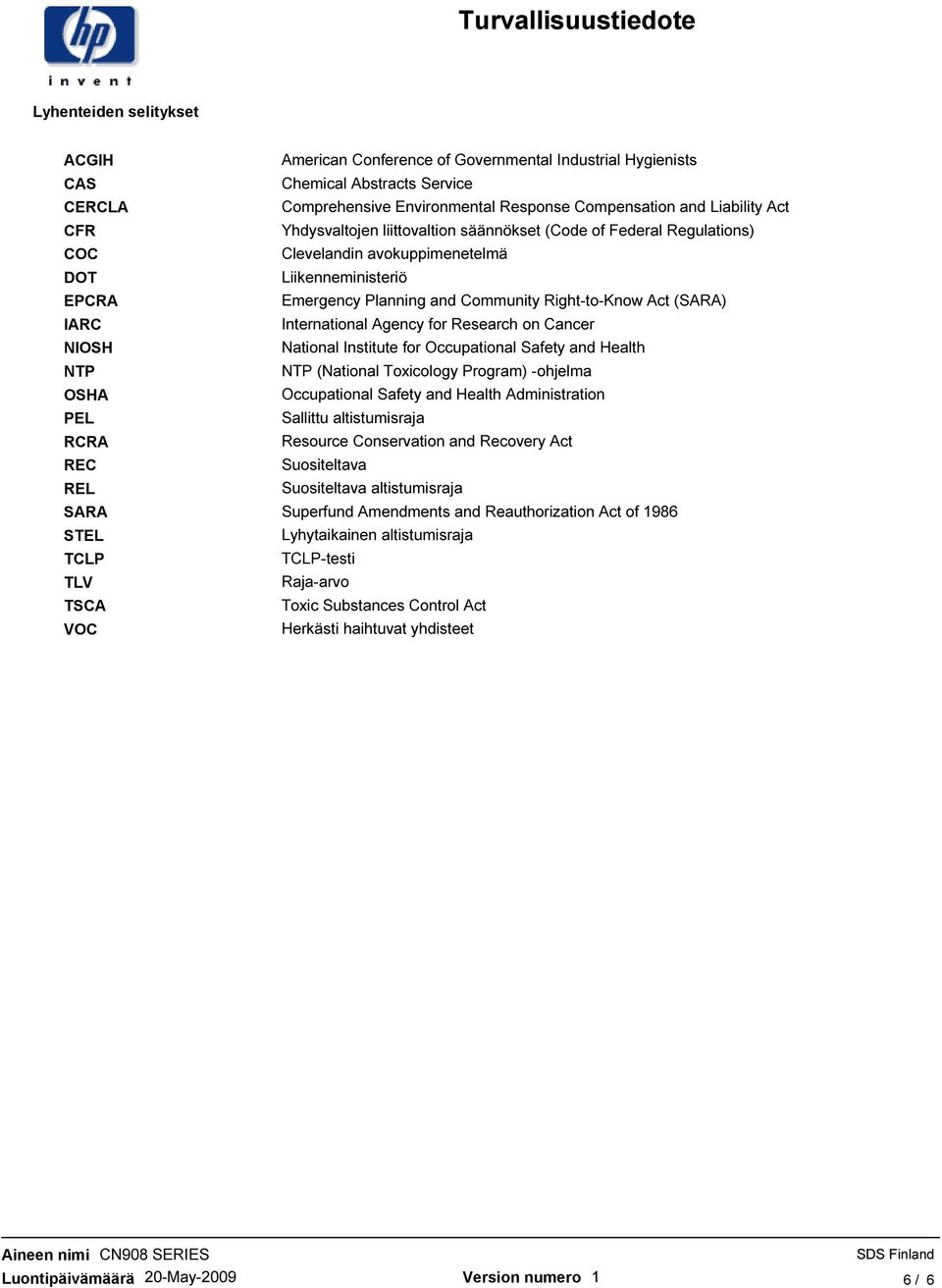 Emergency Planning and Community Right-to-Know Act (SARA) International Agency for Research on Cancer National Institute for Occupational Safety and Health NTP (National Toxicology Program) -ohjelma