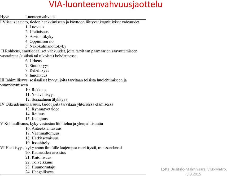 Innokkuus III Inhimillisyys, sosiaaliset kyvyt, joita tarvitaan toisista huolehtimiseen ja ystävystymiseen 10. Rakkaus 11. Ystävällisyys 12.