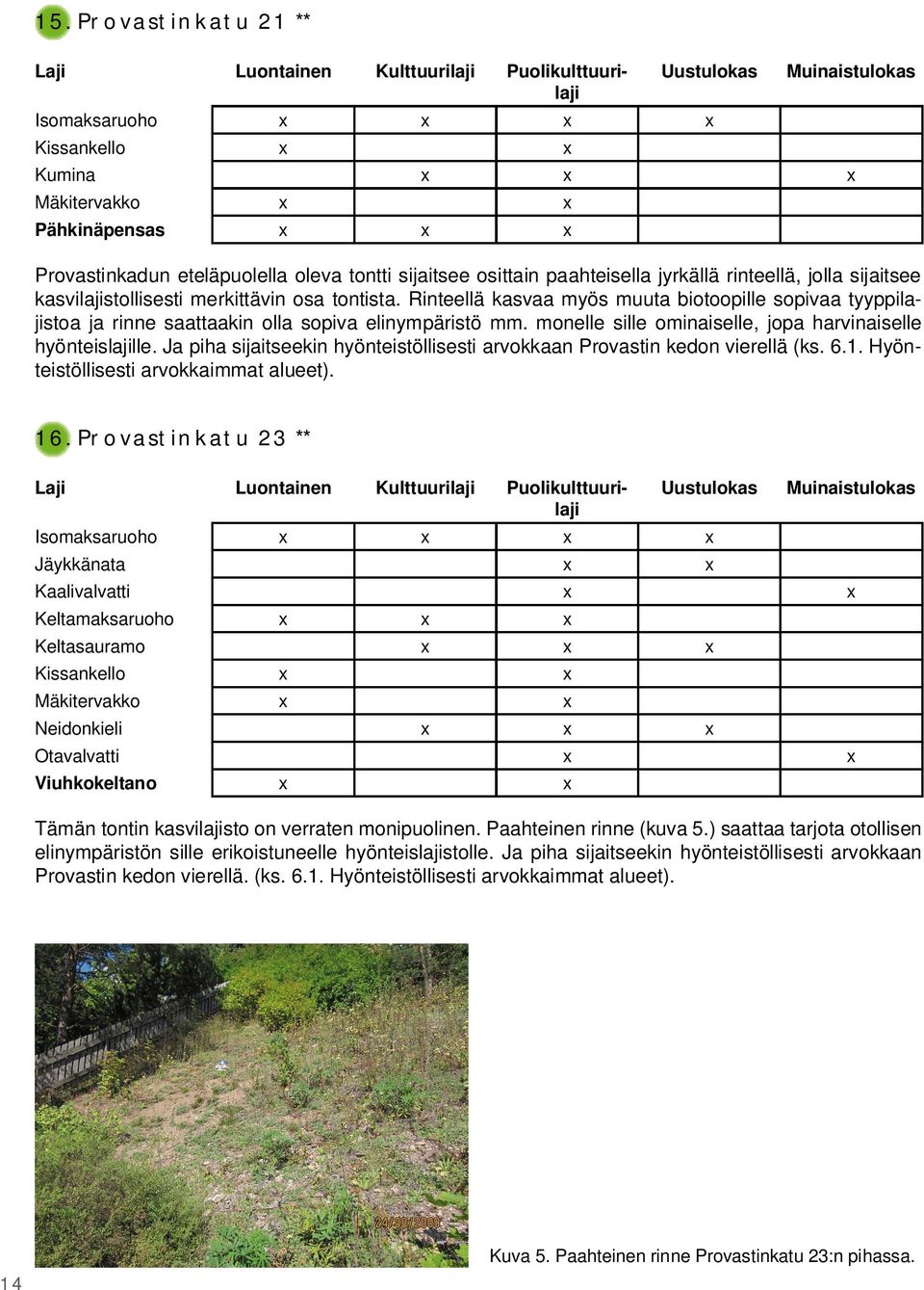 monelle sille ominaiselle, jopa harvinaiselle hyönteislajille. Ja piha sijaitseekin hyönteistöllisesti arvokkaan Provastin kedon vierellä (ks. 6.1. Hyönteistöllisesti arvokkaimmat alueet). 16.