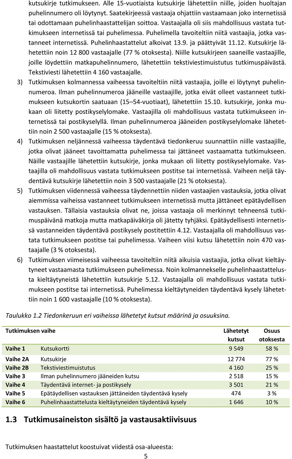 Puhelimella tavoiteltiin niitä vastaajia, jotka vastanneet internetissä. Puhelinhaastattelut alkoivat 13.9. ja päättyivät 11.12. Kutsukirje lähetettiin noin 12 800 vastaajalle (7 otoksesta).