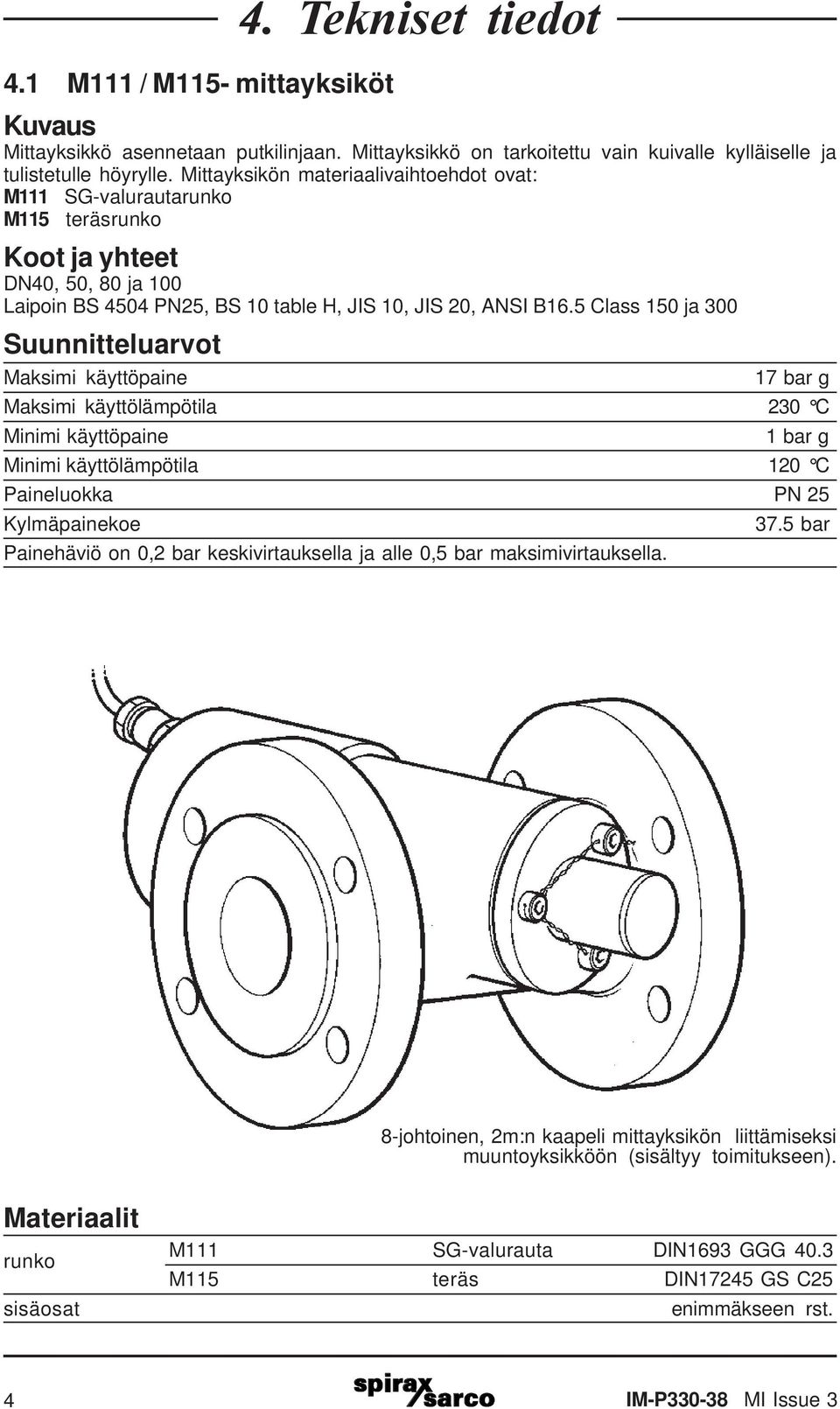 5 Class 150 ja 300 Suunnitteluarvot Maksimi käyttöpaine 17 bar g Maksimi käyttölämpötila 230 C Minimi käyttöpaine 1 bar g Minimi käyttölämpötila 120 C Paineluokka PN 25 Kylmäpainekoe Painehäviö on