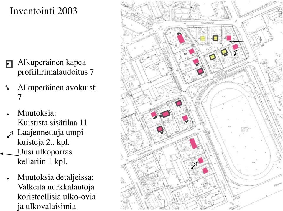 Laajennettuja umpikuisteja 2.. kpl. Uusi ulkoporras kellariin 1 kpl.