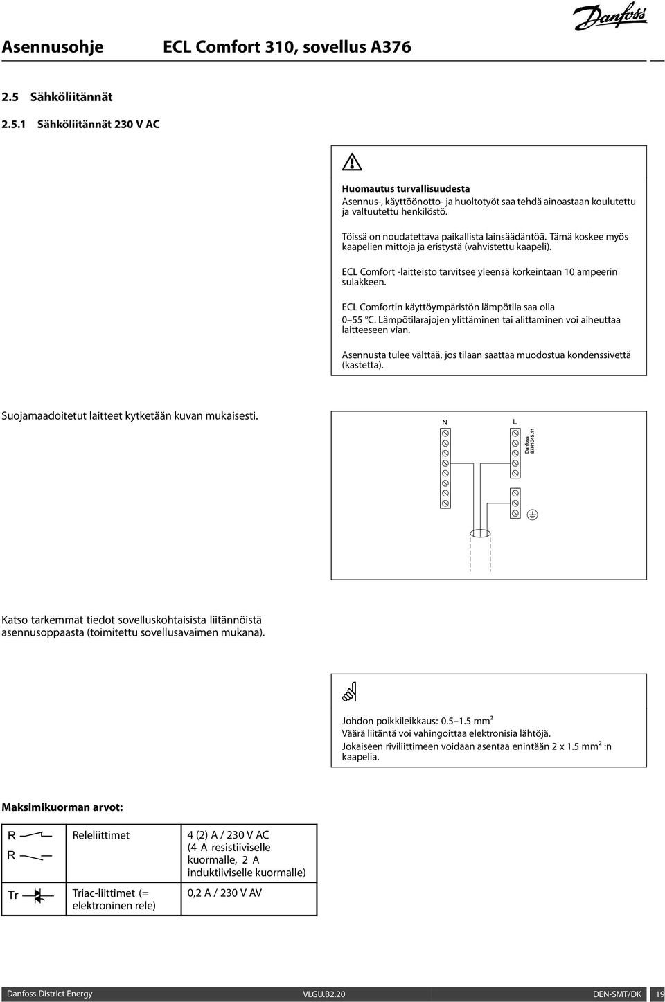 ECL Comfortin käyttöympäristön lämpötila saa olla 0 55 C. Lämpötilarajojen ylittäminen tai alittaminen voi aiheuttaa laitteeseen vian.