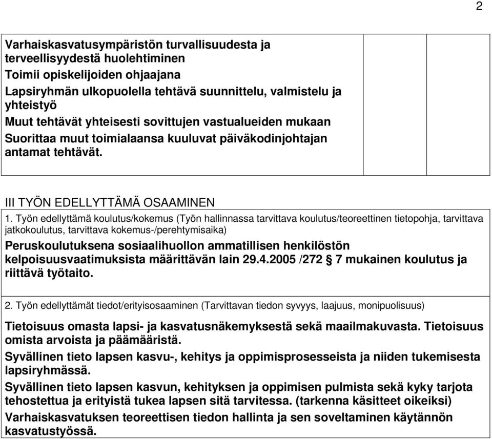 Työn edellyttämä koulutus/kokemus (Työn hallinnassa tarvittava koulutus/teoreettinen tietopohja, tarvittava jatkokoulutus, tarvittava kokemus-/perehtymisaika) Peruskoulutuksena sosiaalihuollon