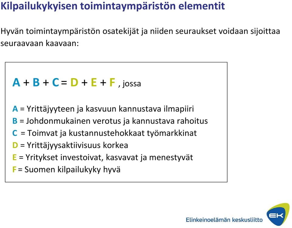 ilmapiiri B = Johdonmukainen verotus ja kannustava rahoitus C = Toimvat ja kustannustehokkaat työmarkkinat