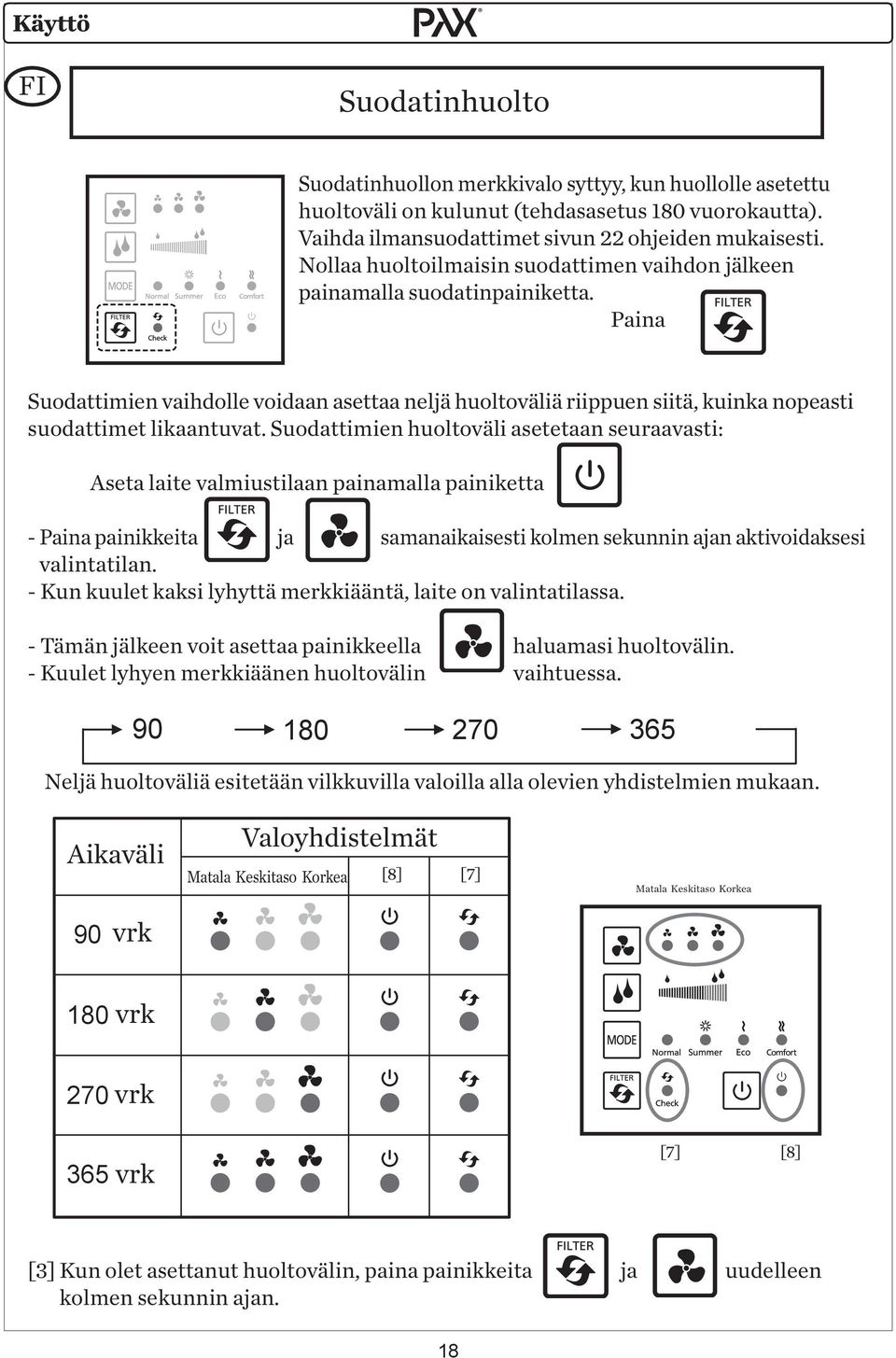 Suodattimien huoltoväli asetetaan seuraavasti: Aseta laite valmiustilaan painamalla painiketta - Paina painikkeita ja samanaikaisesti kolmen sekunnin ajan aktivoidaksesi valintatilan.