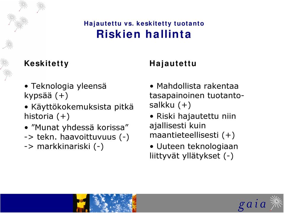 Käyttökokemuksista pitkä historia (+) Munat yhdessä korissa -> tekn.